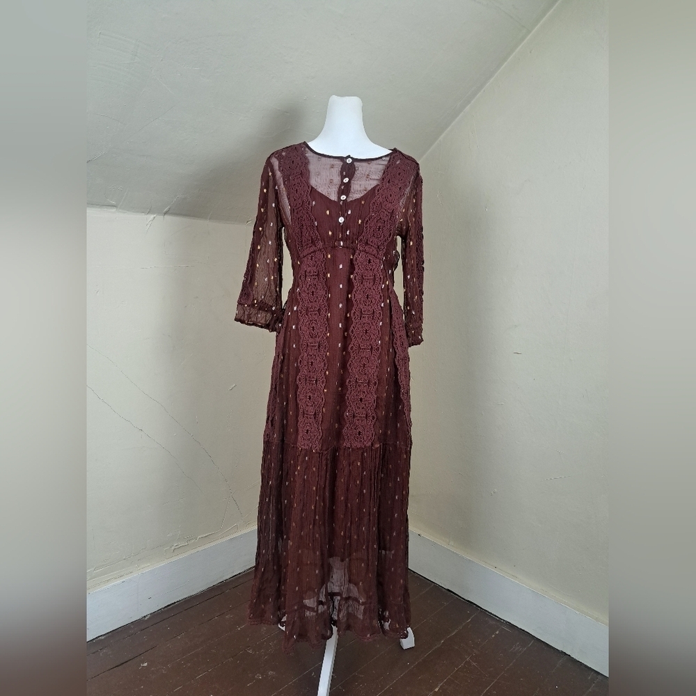 Sundance Burgundy Crochet Metallic Dotted 1/2 Sleeve Dress with/Slip SIZE 4